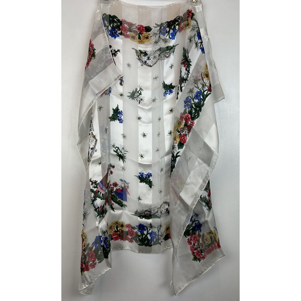 Vintage Scarf Silk Hand Rolled White Multicolor Spring Floral Flowing Read